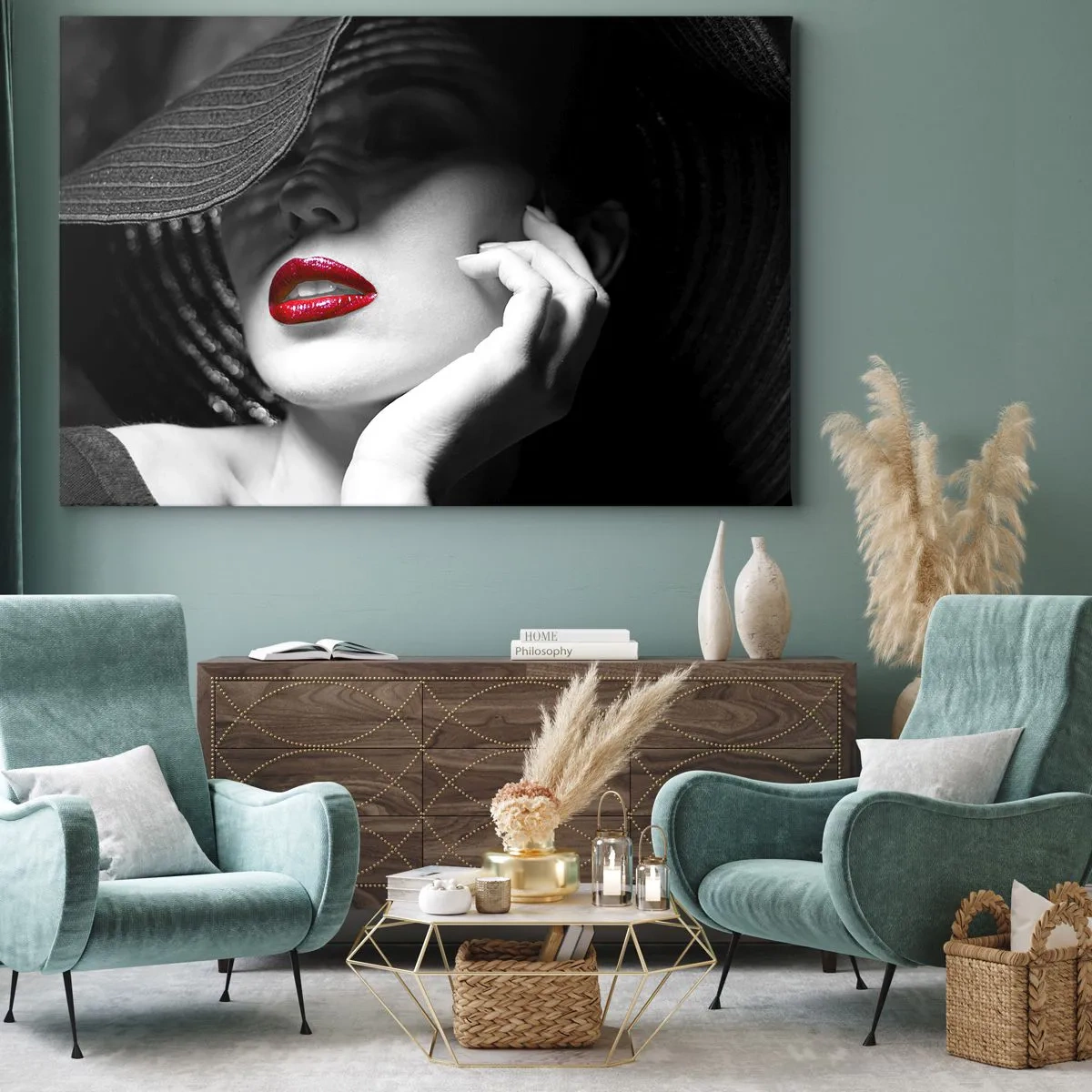 Bild auf Leinwand - Leinwandbild - Schwarz-Weiß-Porträt einer Frau mit roten Lippen - 100x70cm - Eine Studie in Scharlachrot - Moderne Wanddekoration für Wohnzimmer und Schlafzimmer ARTTOR