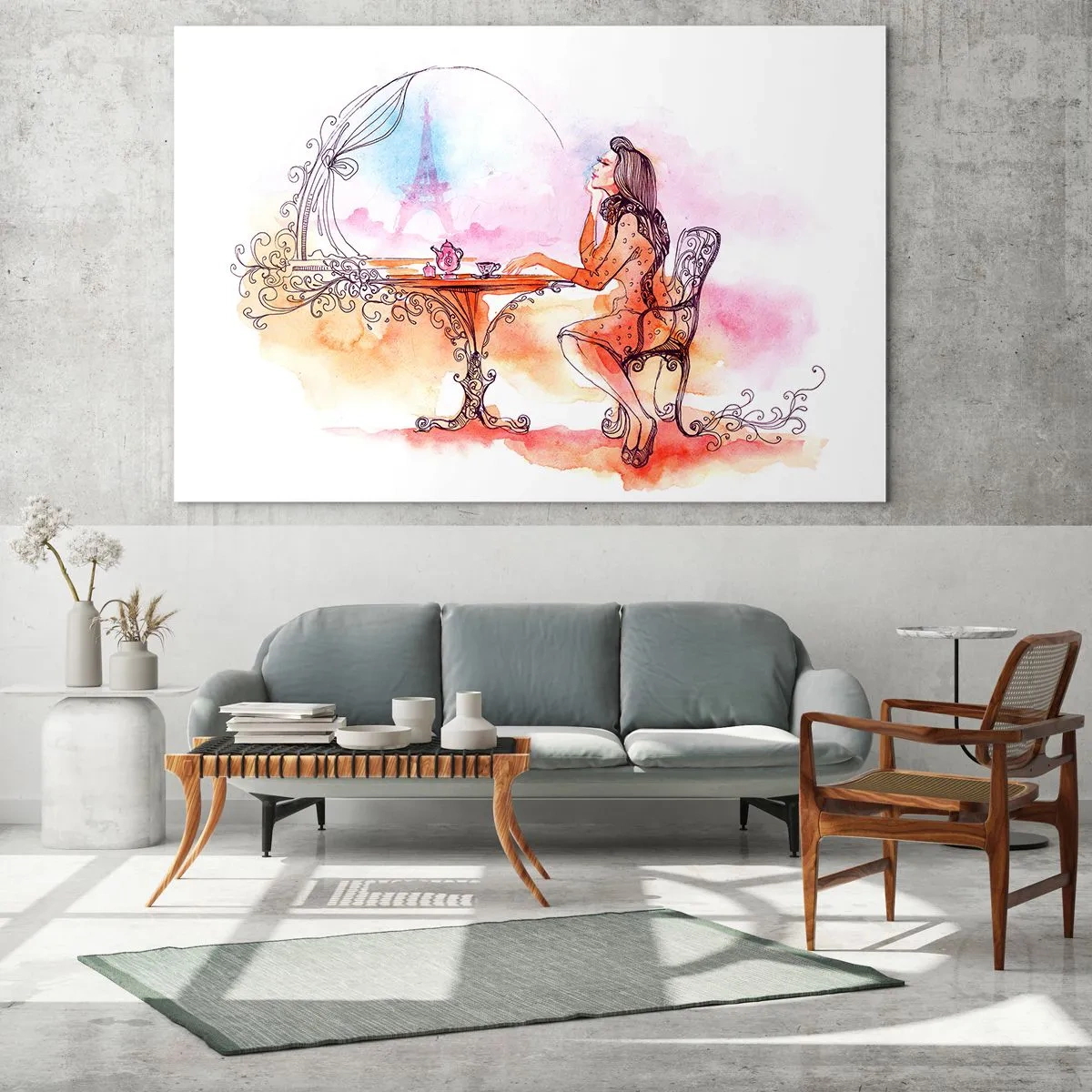 Glasbild - Bild auf glas - Eine Frau an einem Tisch mit Blick auf den Eiffelturm in Pastelltönen - 100x70cm - Pariser Chic - Moderne Wanddekoration für Wohnzimmer und Schlafzimmer ARTTOR