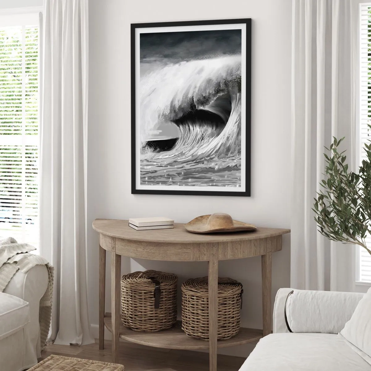 Poster in einem schwarzem Rahmen - Eine kraftvolle Welle in Grautönen - 50x70cm - Wut des Ozeans - Moderne Wanddekoration für Wohnzimmer und Schlafzimmer ARTTOR