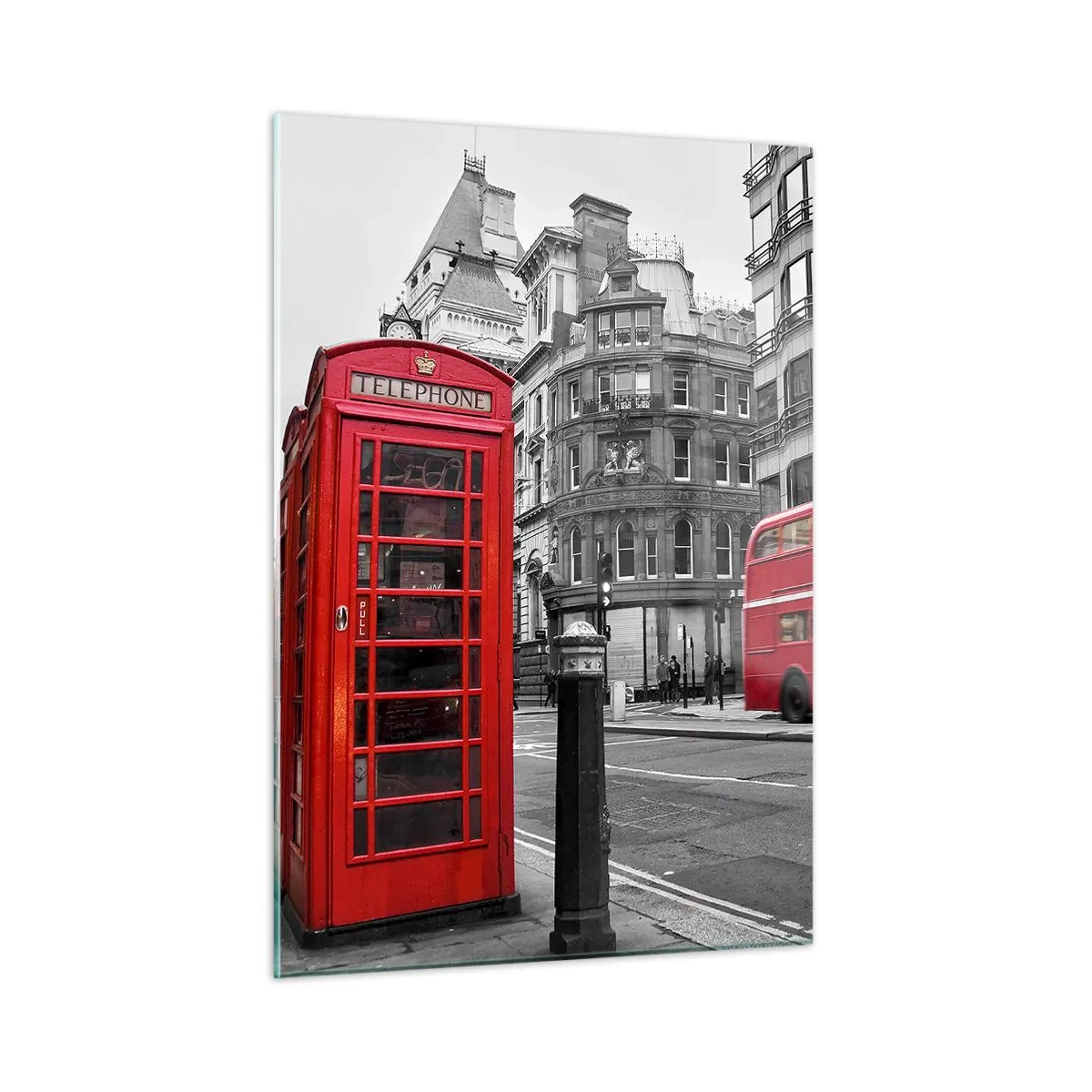 Glasbild - Bild auf glas - Rote Telefonzelle und Bus in London - 50x70cm - Das Rotste in Europa - Moderne Wanddekoration für Wohnzimmer und Schlafzimmer ARTTOR