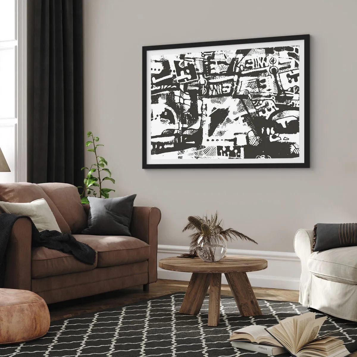 Poster in einem schwarzem Rahmen - Abstraktes monochromes Retro-Muster - 70x50cm - Ordnung oder Chaos? - Moderne Wanddekoration für Wohnzimmer und Schlafzimmer ARTTOR