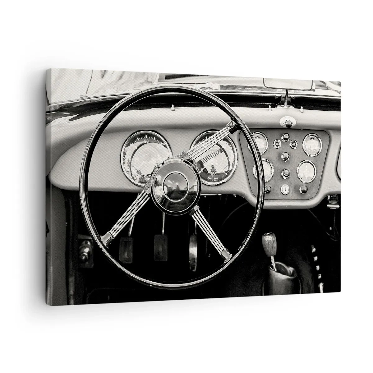 Bild auf Leinwand - Leinwandbild - Schwarz-weißes Oldtimer-Interieur - 70x50cm - Ein Sammlertraum - Moderne Wanddekoration für Wohnzimmer und Schlafzimmer ARTTOR