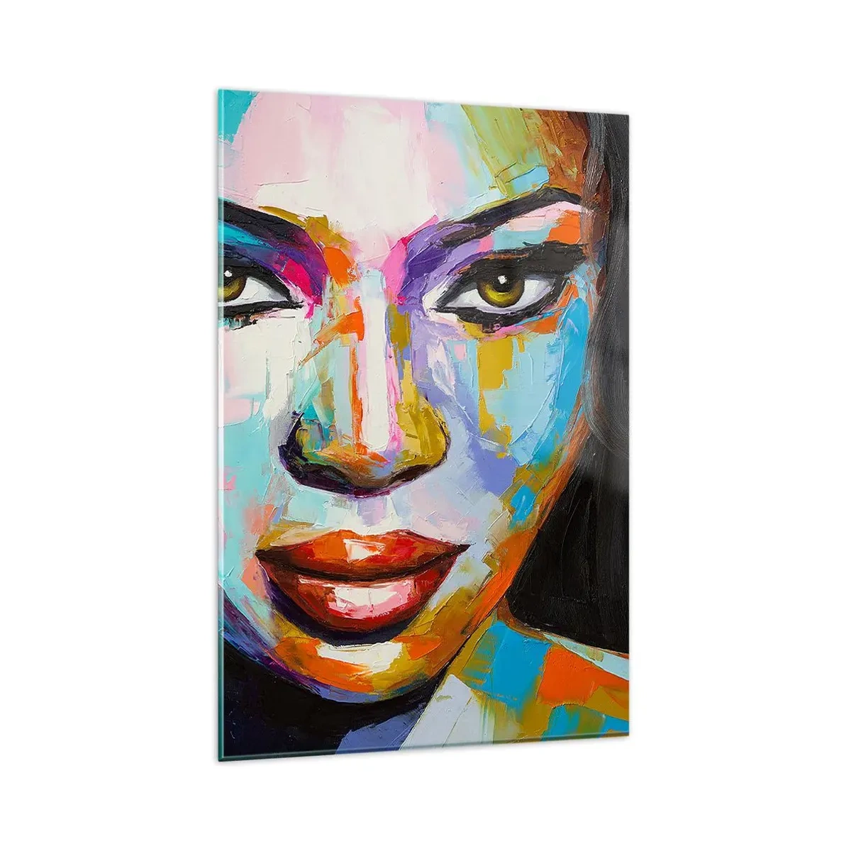 Glasbild - Bild auf glas - Ein farbenfrohes Porträt einer Frau mit intensivem Blick - 80x120cm - Es ist unmöglich die Augen abzuwenden - Moderne Wanddekoration für Wohnzimmer und Schlafzimmer ARTTOR