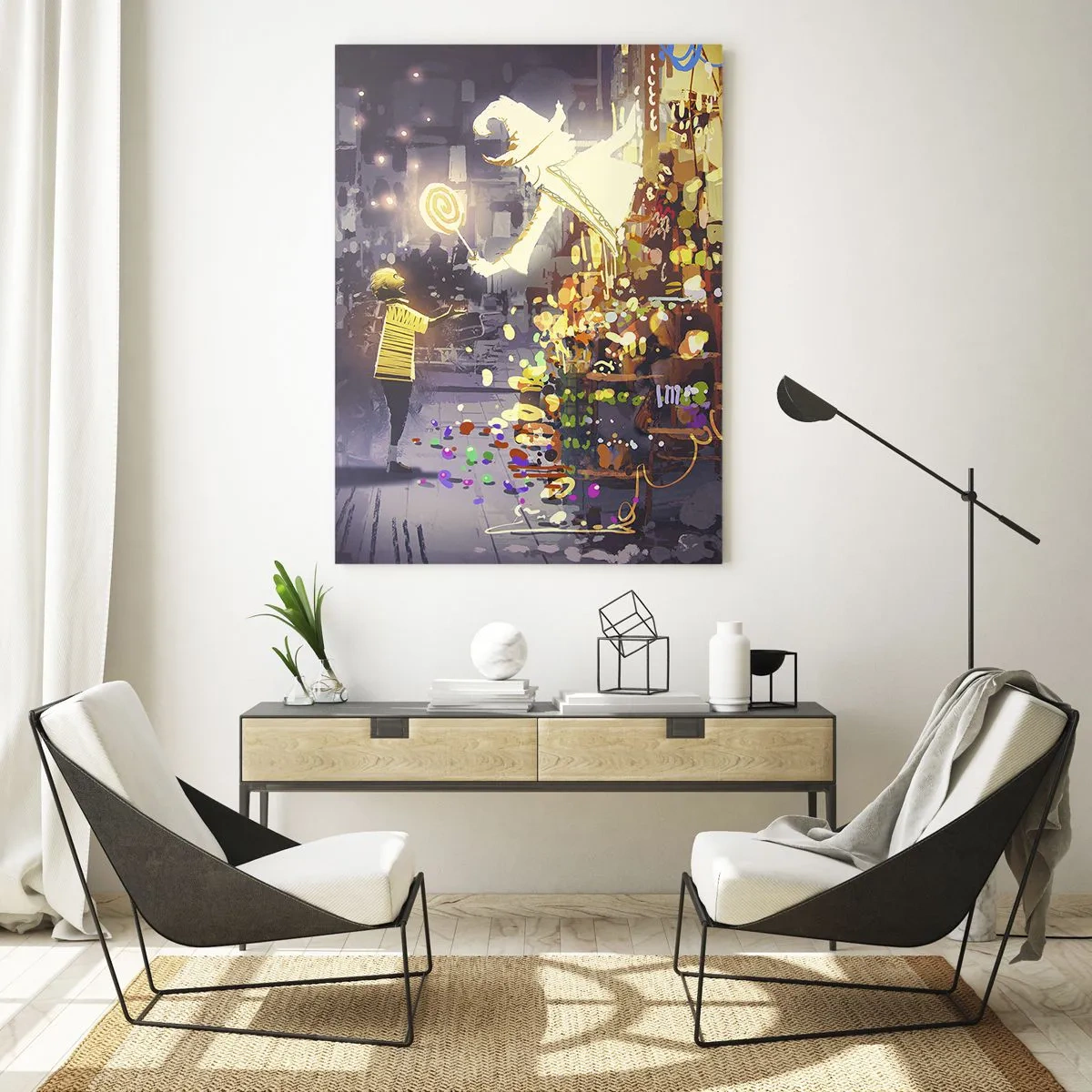 Glasbild - Bild auf glas - Eine Märchenfigur und ein Kind auf einer Straße voller Lichter und Magie - 80x120cm - Magie ist da - Moderne Wanddekoration für Wohnzimmer und Schlafzimmer ARTTOR