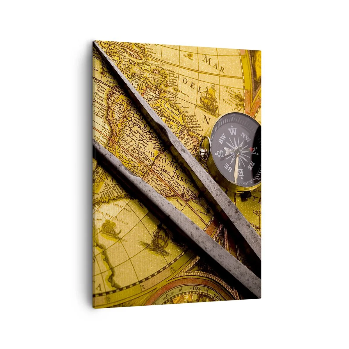 Bild auf Leinwand - Leinwandbild - Eine antike Weltkarte mit einem Kompass und einem Zirkel im Hintergrund - 50x70cm - Wo sind diese Schätze? - Moderne Wanddekoration für Wohnzimmer und Schlafzimmer ARTTOR