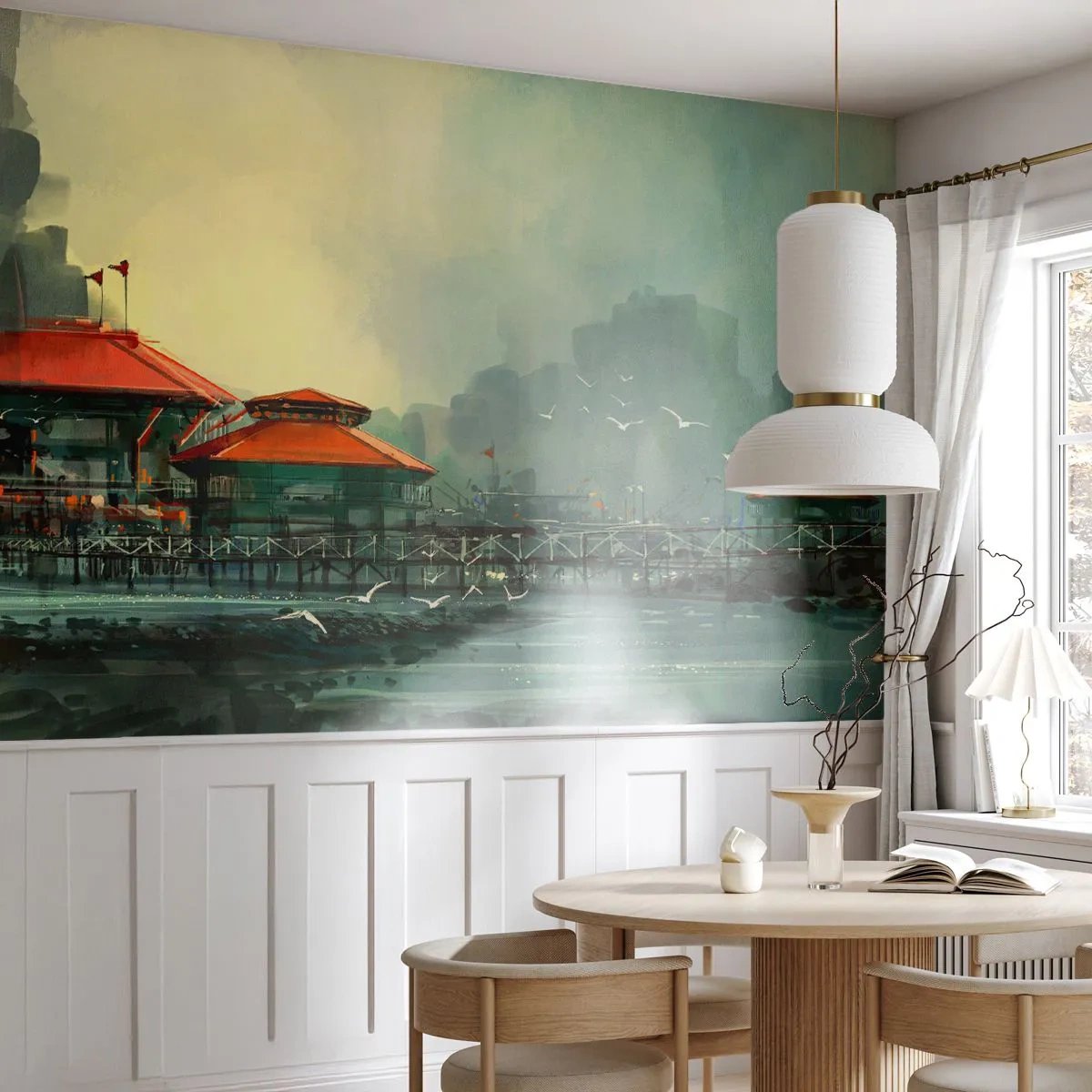 Fototapete Premium Sand - Ein nebliger Pier mit Holzgebäuden und Möwen - 100x70cm - Ein sonniger Tag im Hafen - Moderne Wanddekoration für Wohnzimmer und Schlafzimmer ARTTOR