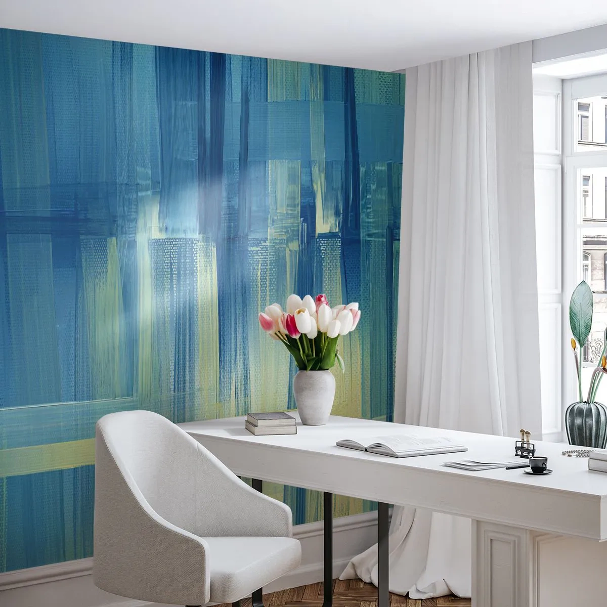 Fototapete Premium Sand - Türkisfarbene und gelbe Pinselstriche in abstrakter Form - 100x70cm - Komposition in Türkis - Moderne Wanddekoration für Wohnzimmer und Schlafzimmer ARTTOR