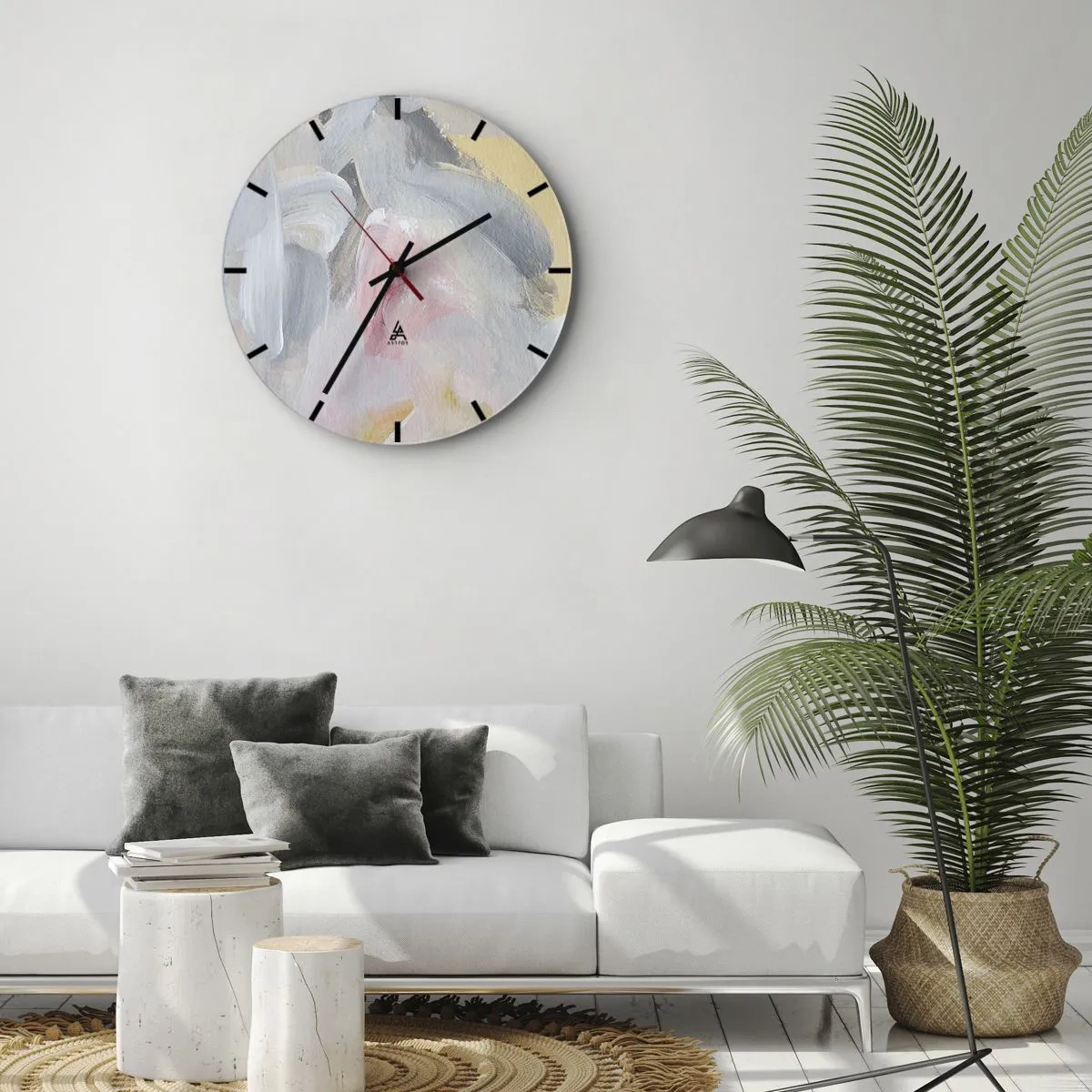 Wanduhr - Glasuhr - Abstrakte Pastellflecken in Rosa- und Grautönen - 30x30cm - In einer Pastellwelt - Moderne Wanddekoration für Wohnzimmer, Küche und Schlafzimmer ARTTOR