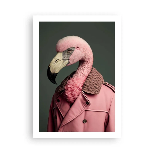 Poster - Ein stylischer Flamingo im eleganten Mantel - 50x70cm - Echte Eleganz - Moderne Wanddekoration für Wohnzimmer und Schlafzimmer ARTTOR