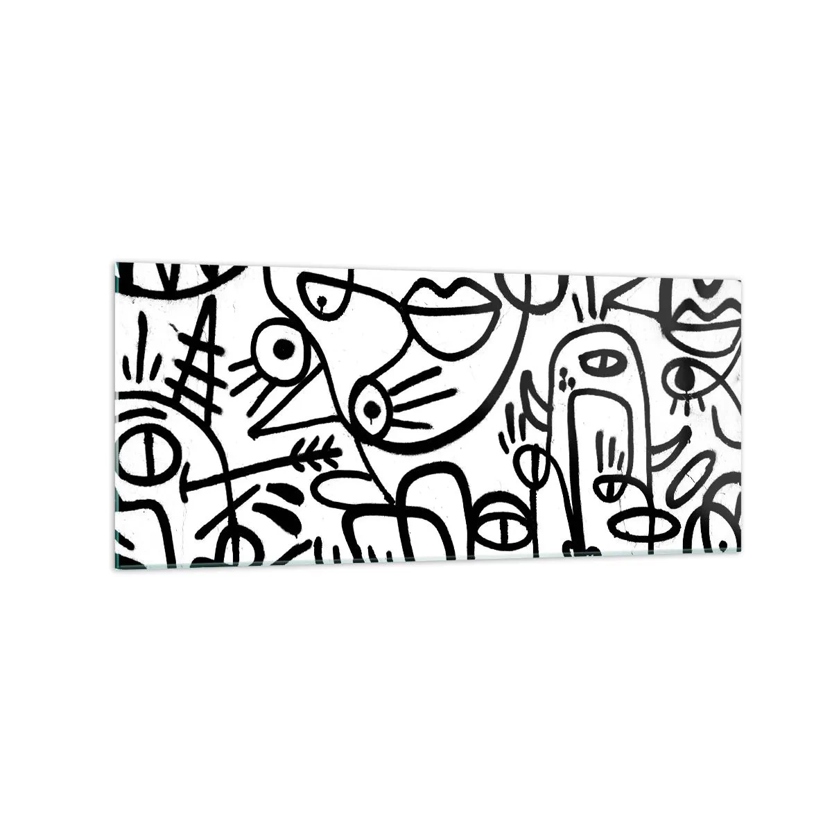Glasbild - Bild auf glas - Schwarz-weiße abstrakte Zeichnungen mit Gesichtsmotiven - 120x50cm - Gesichter und Luftspiegelungen - Moderne Wanddekoration für Wohnzimmer und Schlafzimmer ARTTOR