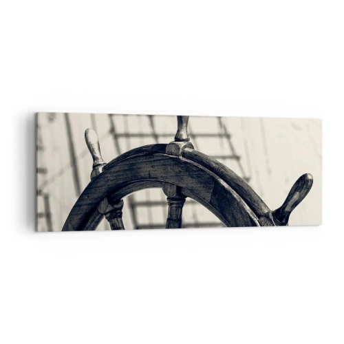 Bild auf Leinwand - Leinwandbild - Ein Segelruder im Retro-Stil mit einem Schiff im Hintergrund - 140x50cm - Meeresgeschichten - Moderne Wanddekoration für Wohnzimmer und Schlafzimmer ARTTOR