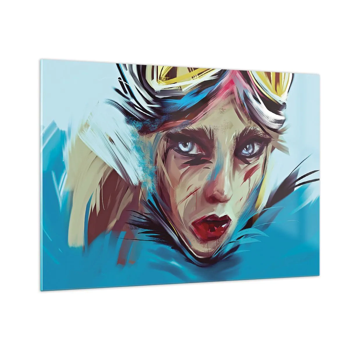 Glasbild - Bild auf glas - Porträt einer Frau mit Schutzbrille und blauen Pinselstrichen - 100x70cm - Strassenkämpferin - Moderne Wanddekoration für Wohnzimmer und Schlafzimmer ARTTOR