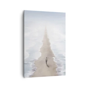 Bild auf Leinwand - Leinwandbild - Eine Figur auf einer einsamen Straße inmitten einer weiten Wasserlandschaft - 70x100cm - Glänzende Zukunft - Moderne Wanddekoration für Wohnzimmer und Schlafzimmer ARTTOR