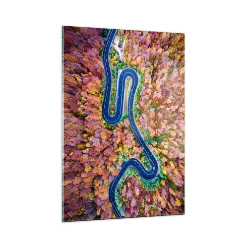 Glasbild - Bild auf glas - Eine Vogelperspektive auf eine kurvenreiche Straße zwischen bunten Herbstbäumen - 50x70cm - Kurvenreicher Weg durch den Wald - Moderne Wanddekoration für Wohnzimmer und Schlafzimmer ARTTOR