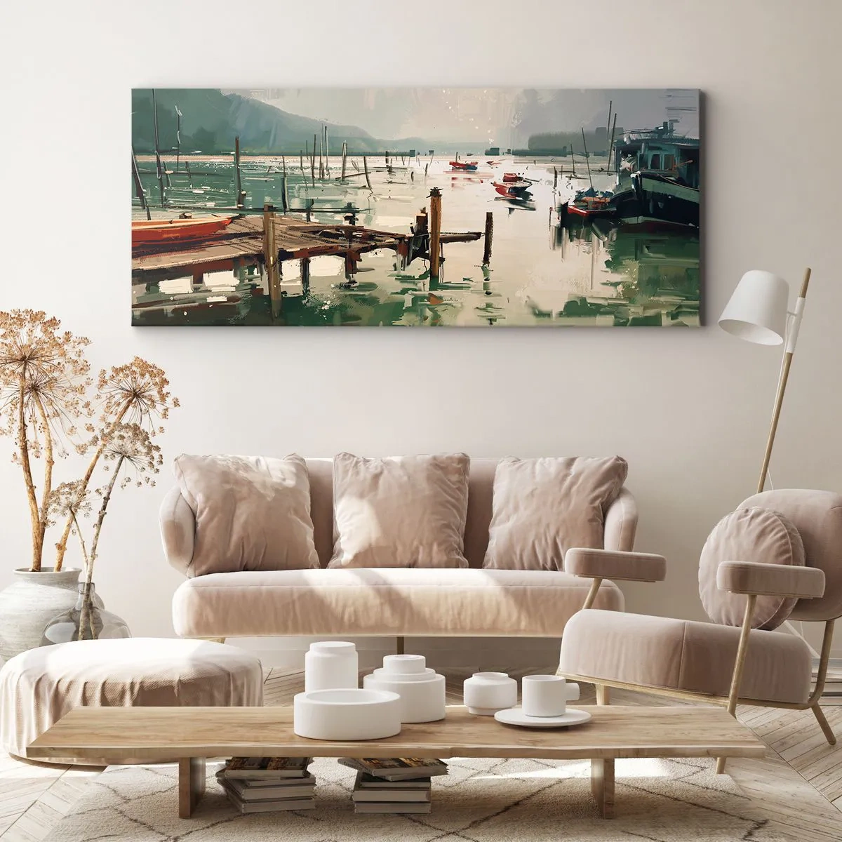Bild auf Leinwand - Leinwandbild - Ein malerischer Hafen mit Booten auf ruhigem Wasser - 160x50cm - Durchnässt in einem geschmolzenen Mond - Moderne Wanddekoration für Wohnzimmer und Schlafzimmer ARTTOR