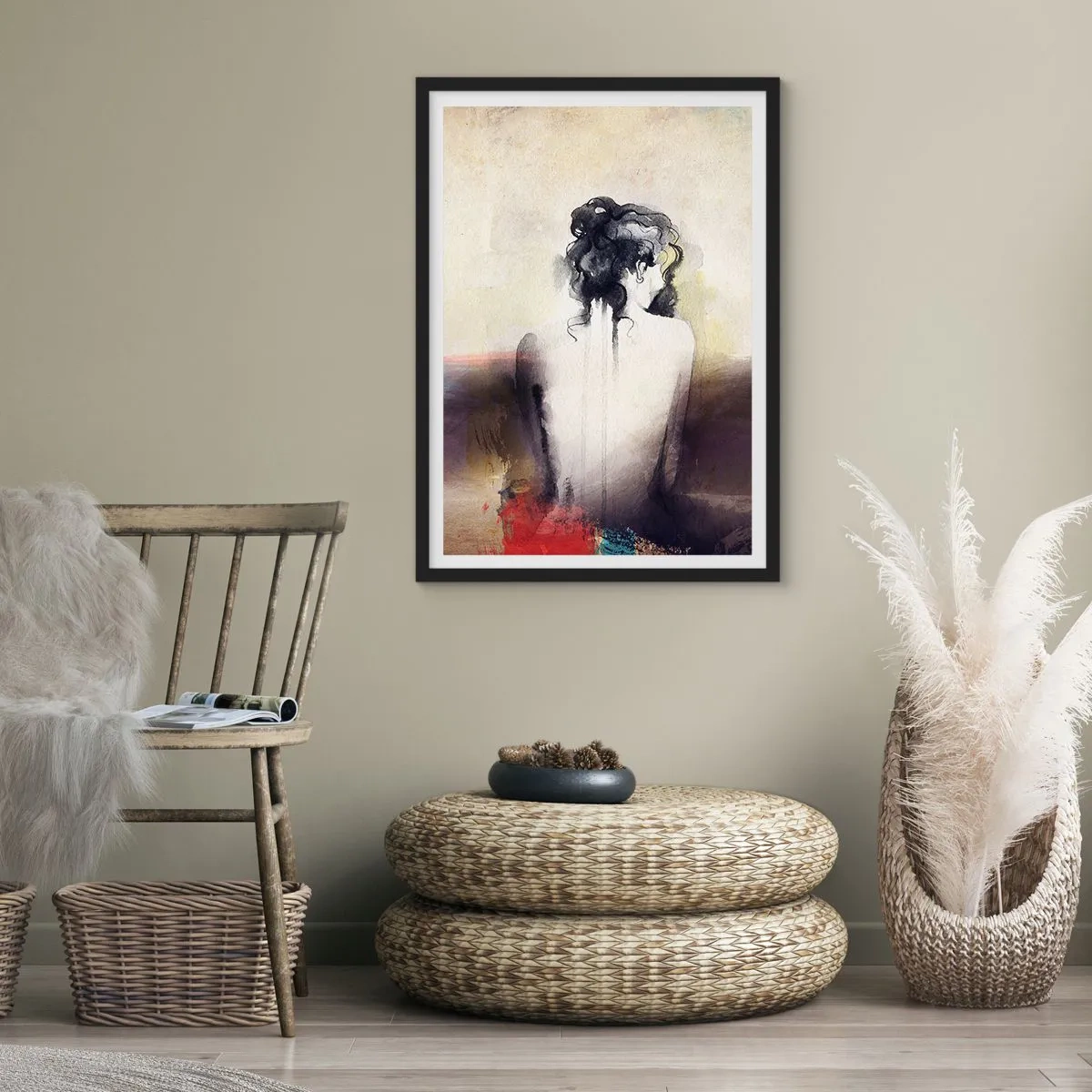 Poster in einem schwarzem Rahmen - Ein künstlerisches Porträt einer Frau von hinten in gedämpften Farben. - 50x70cm - Glatte Linien, ovale Formen - Moderne Wanddekoration für Wohnzimmer und Schlafzimmer ARTTOR