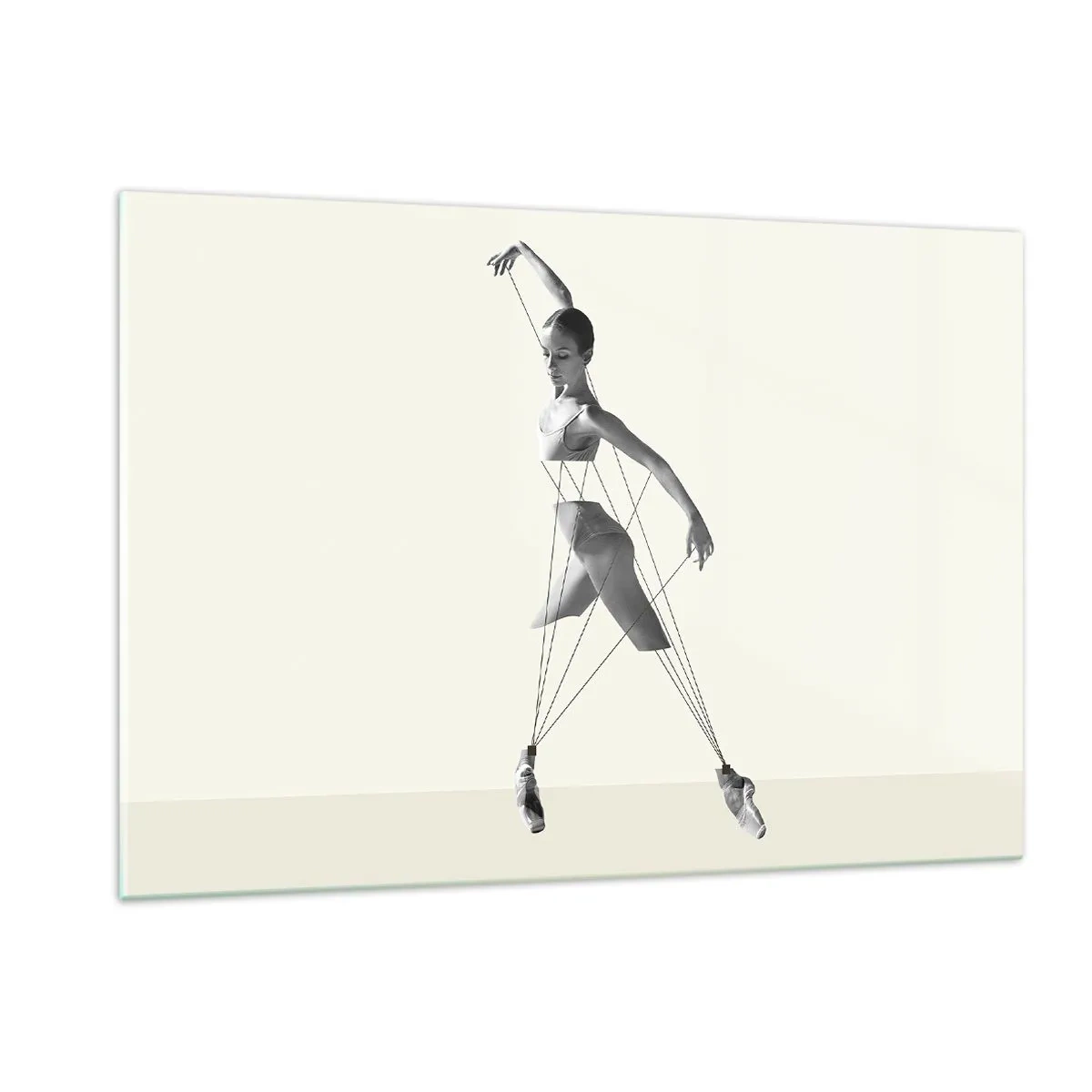 Glasbild - Bild auf glas - Schwarz-weiße Silhouette einer Ballerina mit geometrischem Linienmotiv - 120x80cm - Im Theater der Welt - Moderne Wanddekoration für Wohnzimmer und Schlafzimmer ARTTOR