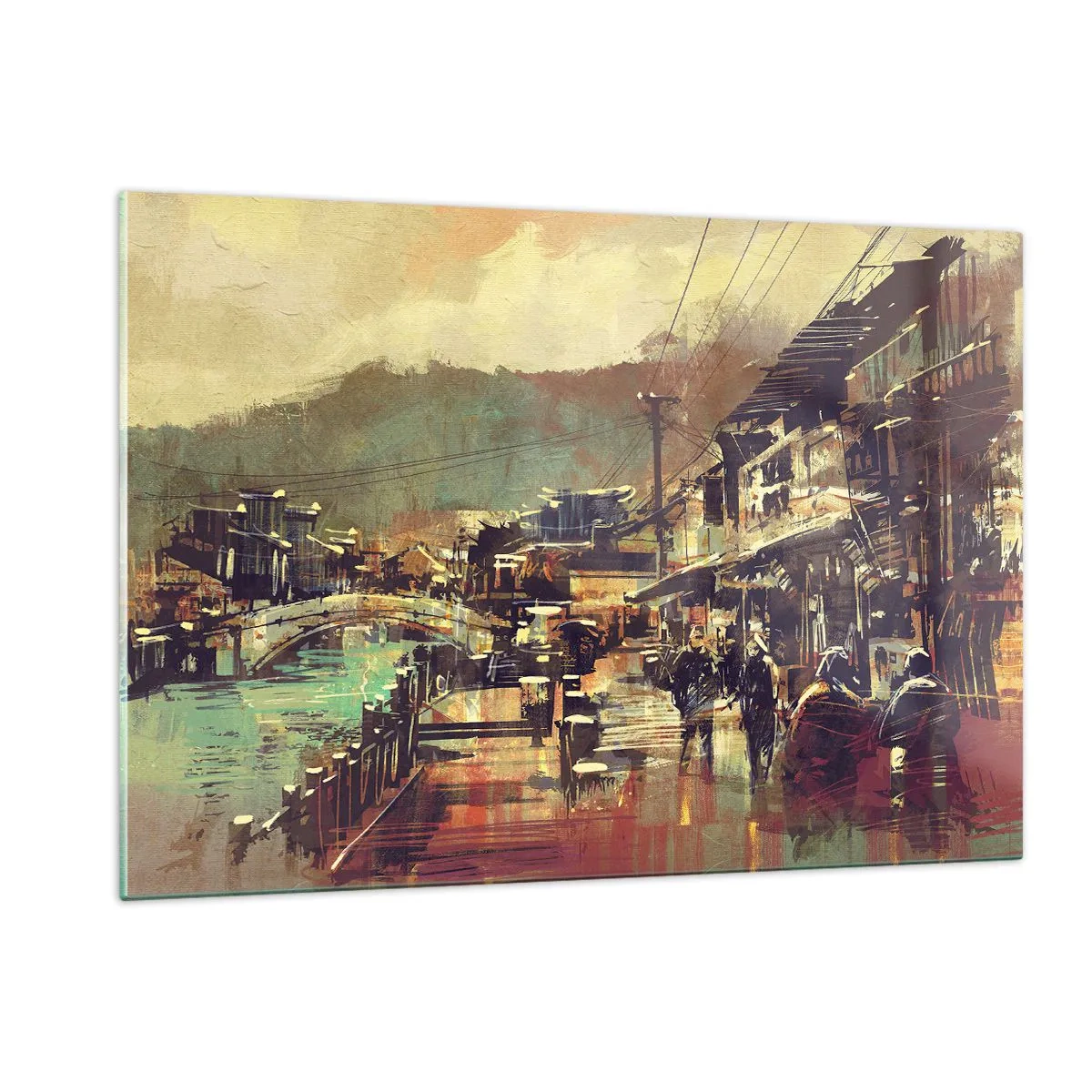 Glasbild - Bild auf glas - Eine Straßenlandschaft im malerischen Stil mit Brücken- und Kanalmotiv. - 120x80cm - Das Leben als Reichtum an Grau - Moderne Wanddekoration für Wohnzimmer und Schlafzimmer ARTTOR