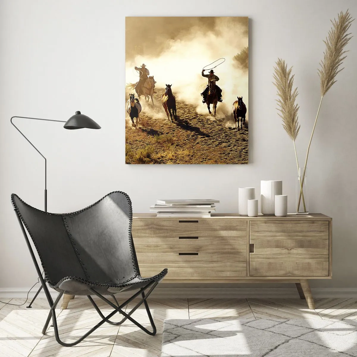 Glasbild - Bild auf glas - Cowboys zu Pferd in Aktion im Wüstengelände - 70x100cm - Wirklich wilder Westen - Moderne Wanddekoration für Wohnzimmer und Schlafzimmer ARTTOR