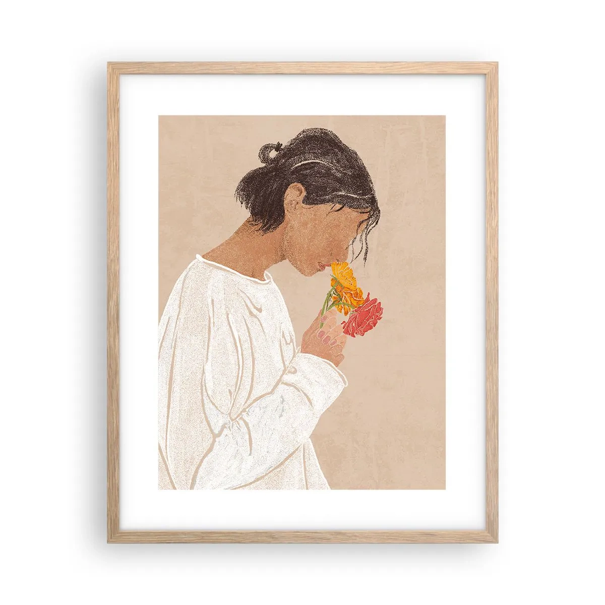 Poster in einem Rahmen aus heller Eiche - Mädchen und Blumen - 40x50 cm