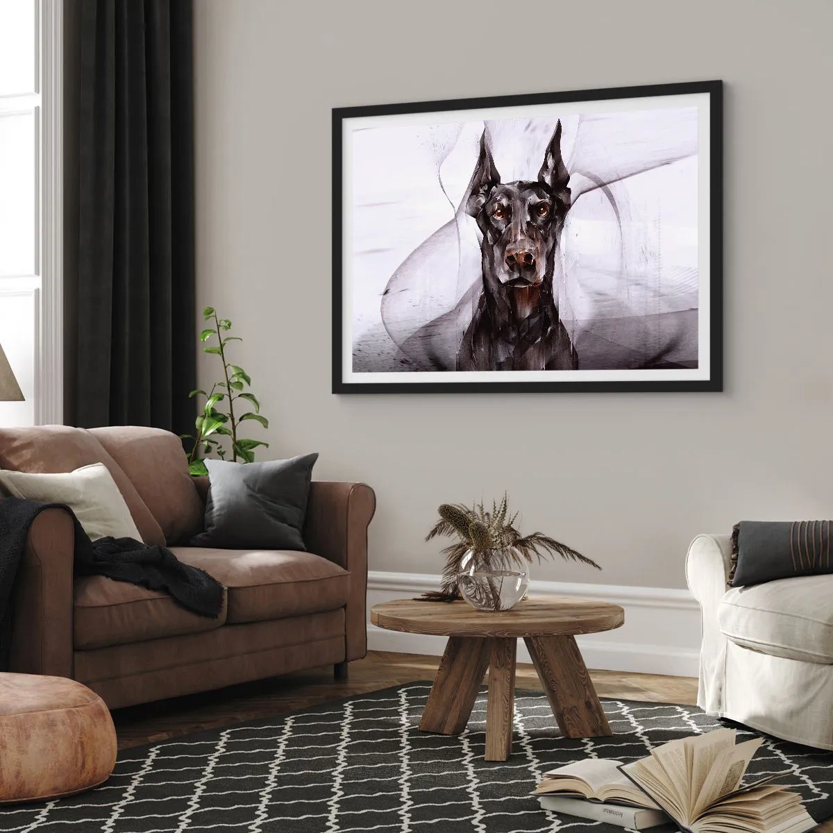 Poster in einem schwarzem Rahmen - Abstraktes Porträt eines Hundes in künstlerischer Herangehensweise - 70x50cm - Edelgeboren - Moderne Wanddekoration für Wohnzimmer und Schlafzimmer ARTTOR