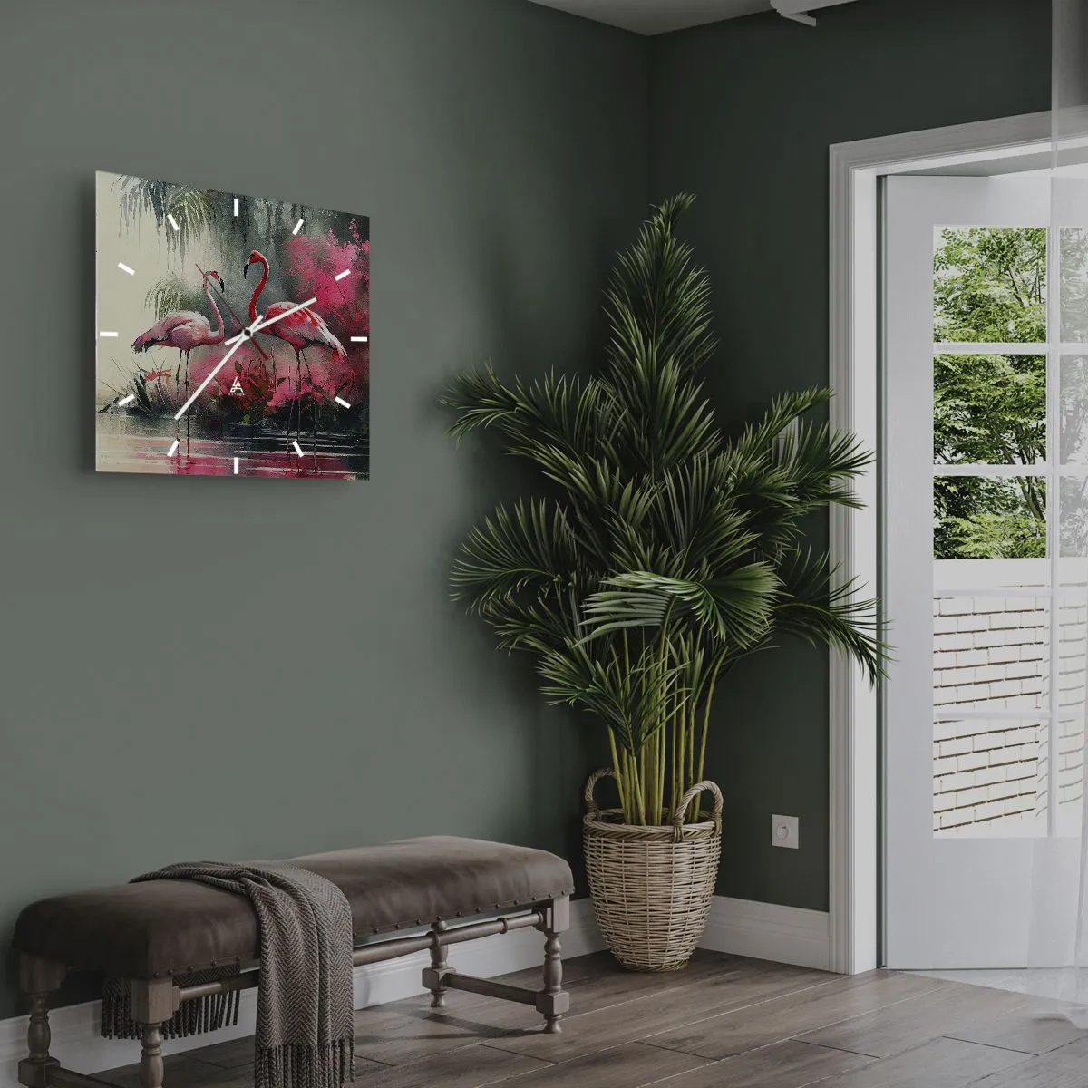Wanduhr - Glasuhr - Flamingos am Wasser, umgeben von Vegetation - 30x30cm - Lektion in natürlicher Anmut - Moderne Wanddekoration für Wohnzimmer und Schlafzimmer ARTTOR