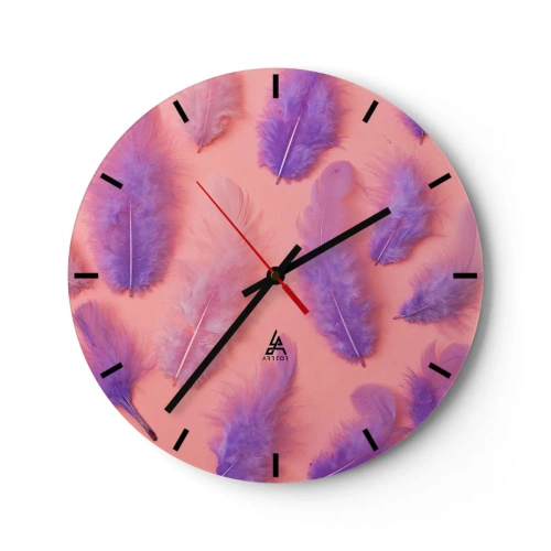 Wanduhr - Glasuhr - Lila Federn auf rosa Hintergrund - 30x30cm - Lila Vogel der Begierde - Moderne Wanddekoration für Wohnzimmer, Küche und Schlafzimmer ARTTOR