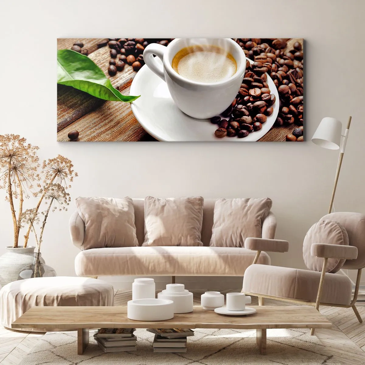 Bild auf Leinwand - Leinwandbild - Kaffee auf der Bank - 100x40 cm