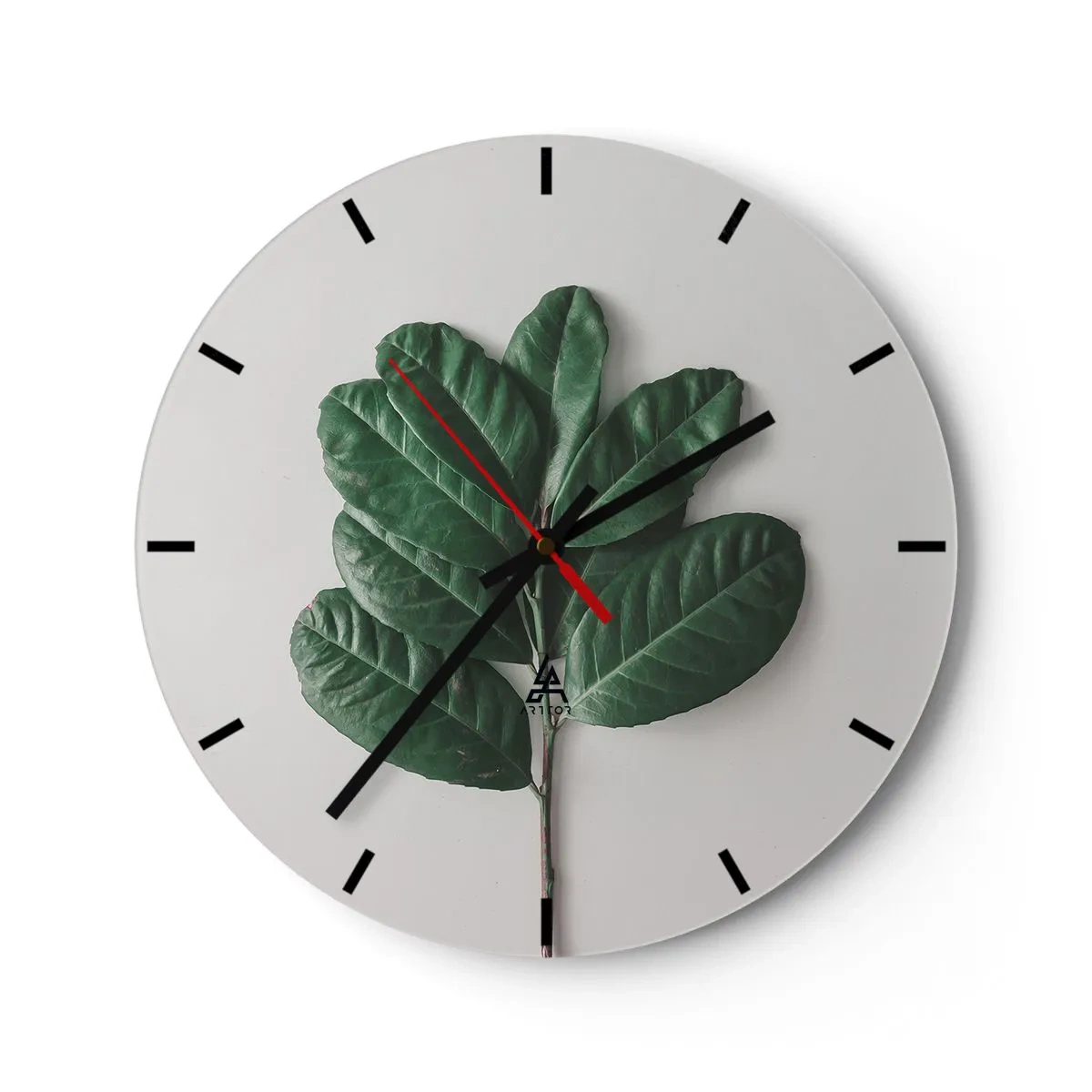 Wanduhr - Glasuhr - Ein grüner Zweig mit großen Blättern auf hellem Hintergrund - 30x30cm - Eine Zeichnung purer Natur - Moderne Wanddekoration für Wohnzimmer, Küche und Schlafzimmer ARTTOR