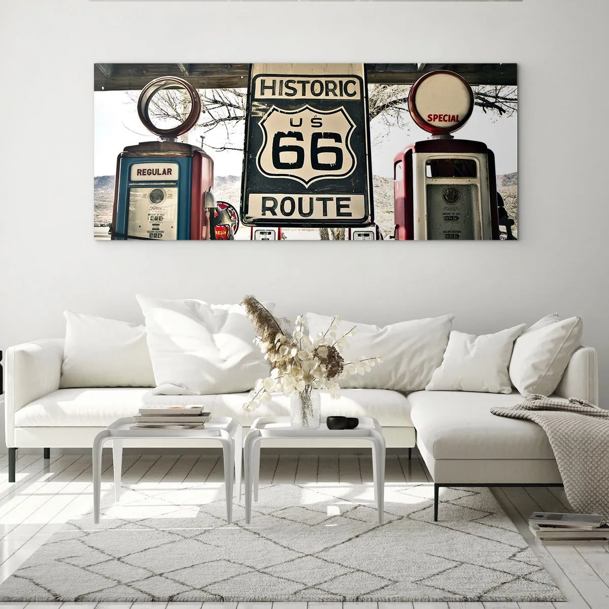 Glasbild - Bild auf glas - Historische Tankstelle an der Route 66 - 160x50cm - Amerikanische Retro-Reise - Moderne Wanddekoration für Wohnzimmer und Schlafzimmer ARTTOR