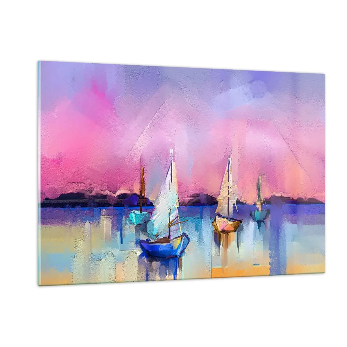 Glasbild - Bild auf glas - Abstrakter Yachthafen mit Segelbooten bei Sonnenuntergang - 120x80cm - Richtung: breites Wasser - Moderne Wanddekoration für Wohnzimmer und Schlafzimmer ARTTOR