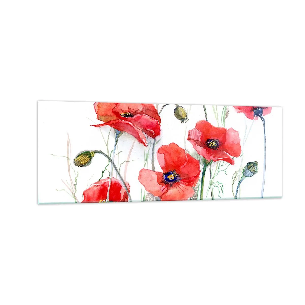 Glasbild - Bild auf glas - Aquarell-Mohnblumen auf zartem Hintergrund - 140x50cm - Polnische Blumen - Moderne Wanddekoration für Wohnzimmer und Schlafzimmer ARTTOR