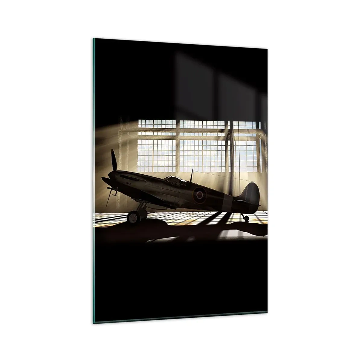 Glasbild - Bild auf glas - Ein historisches Flugzeug in einem Hangar, beleuchtet vom Sonnenlicht - 80x120cm - Die Ruhe eines Kriegers - Moderne Wanddekoration für Wohnzimmer und Schlafzimmer ARTTOR
