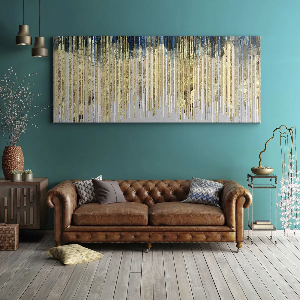 Bild auf Leinwand - Leinwandbild - Goldene Linien vor einem Hintergrund aus marineblauer und grauer Abstraktion - 120x50cm - Vergoldete Grenze - Moderne Wanddekoration für Wohnzimmer und Schlafzimmer ARTTOR