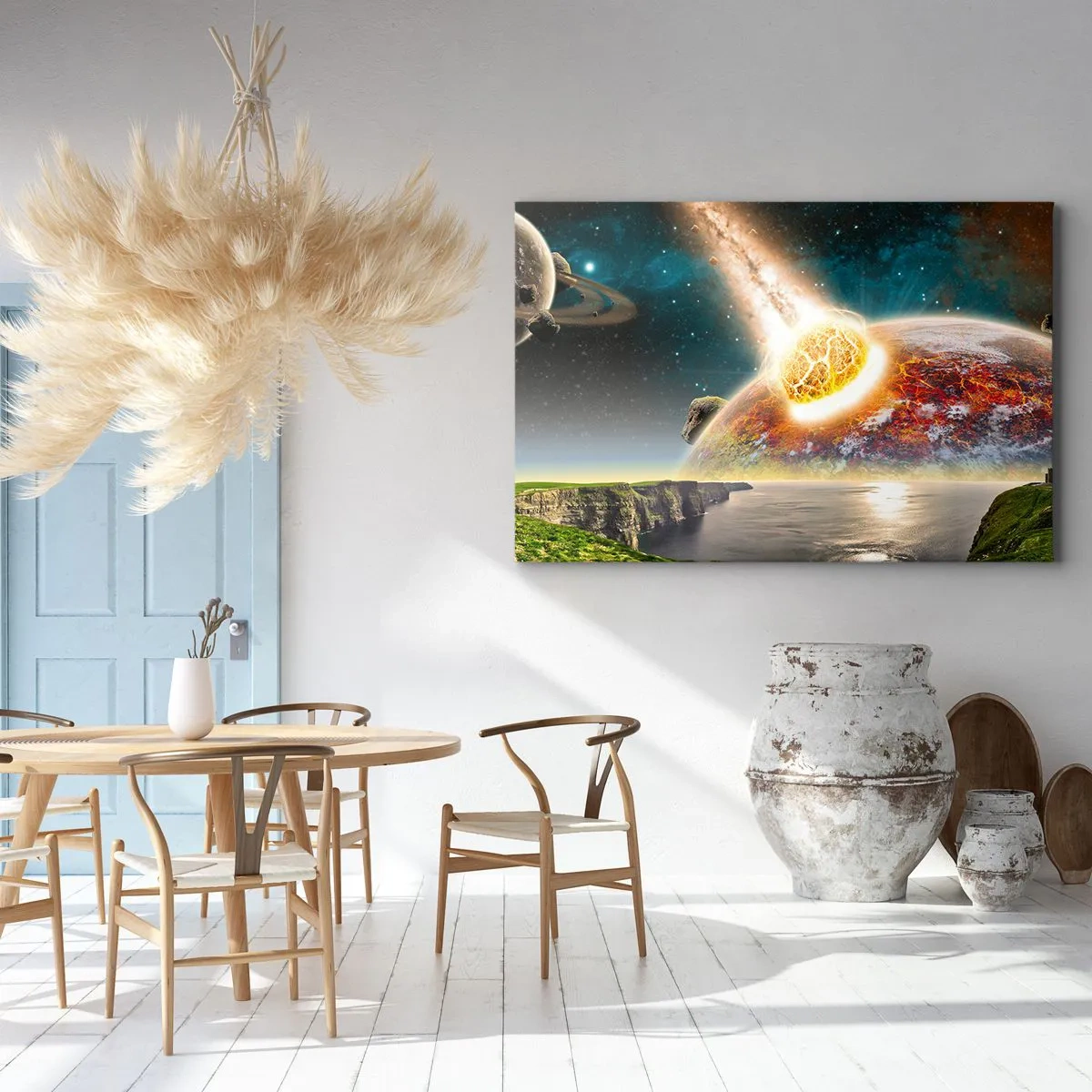 Bild auf Leinwand - Leinwandbild - Ein Meteorit kollidiert mit einem Planeten in einer kosmischen Landschaft. - 120x80cm - Kosmisches Drama - Moderne Wanddekoration für Wohnzimmer und Schlafzimmer ARTTOR