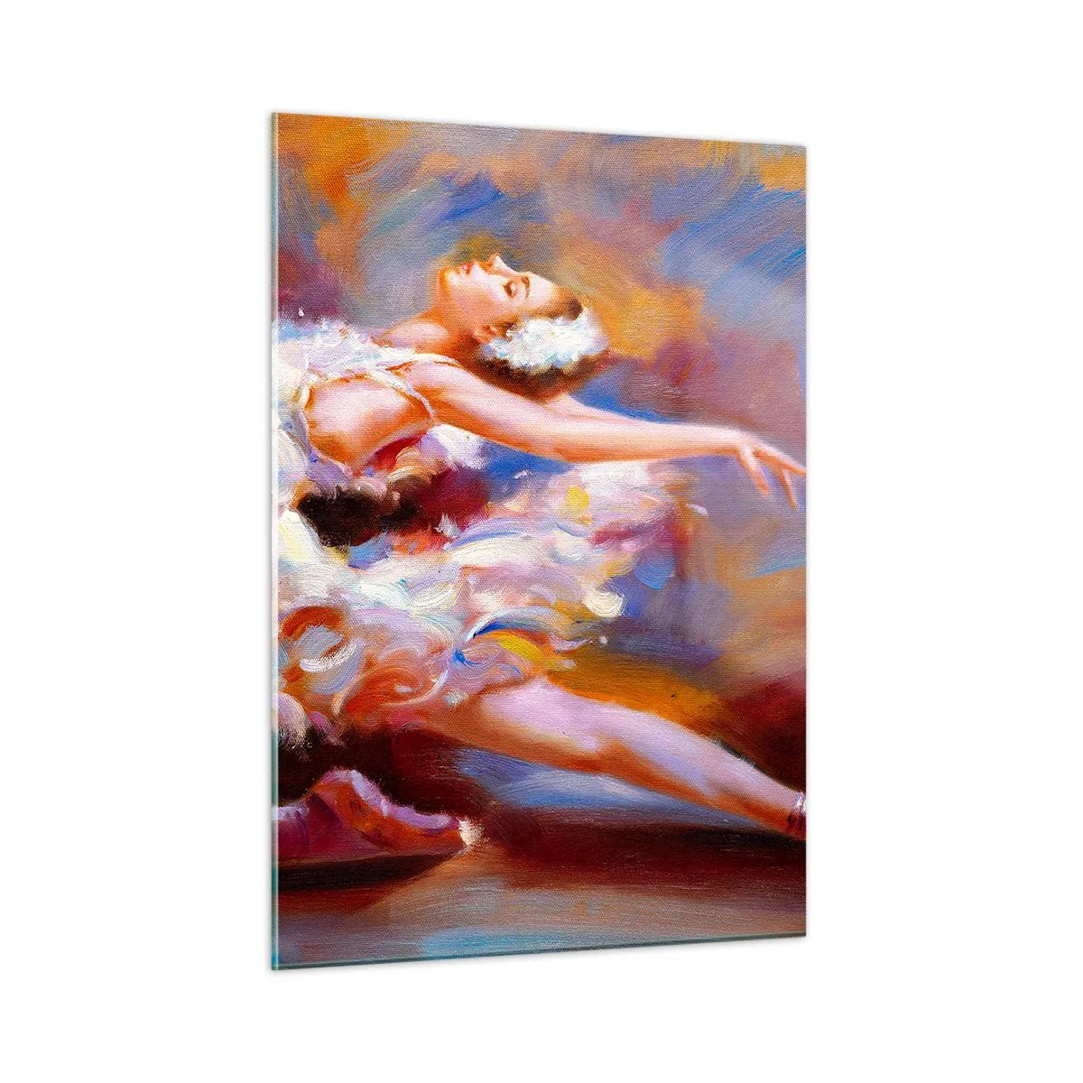 Glasbild - Bild auf glas - Eine Ballerina in einer dynamischen Pose vor einem Hintergrund aus abstrakten Farben. - 50x70cm - Schwan Gnade - Moderne Wanddekoration für Wohnzimmer und Schlafzimmer ARTTOR