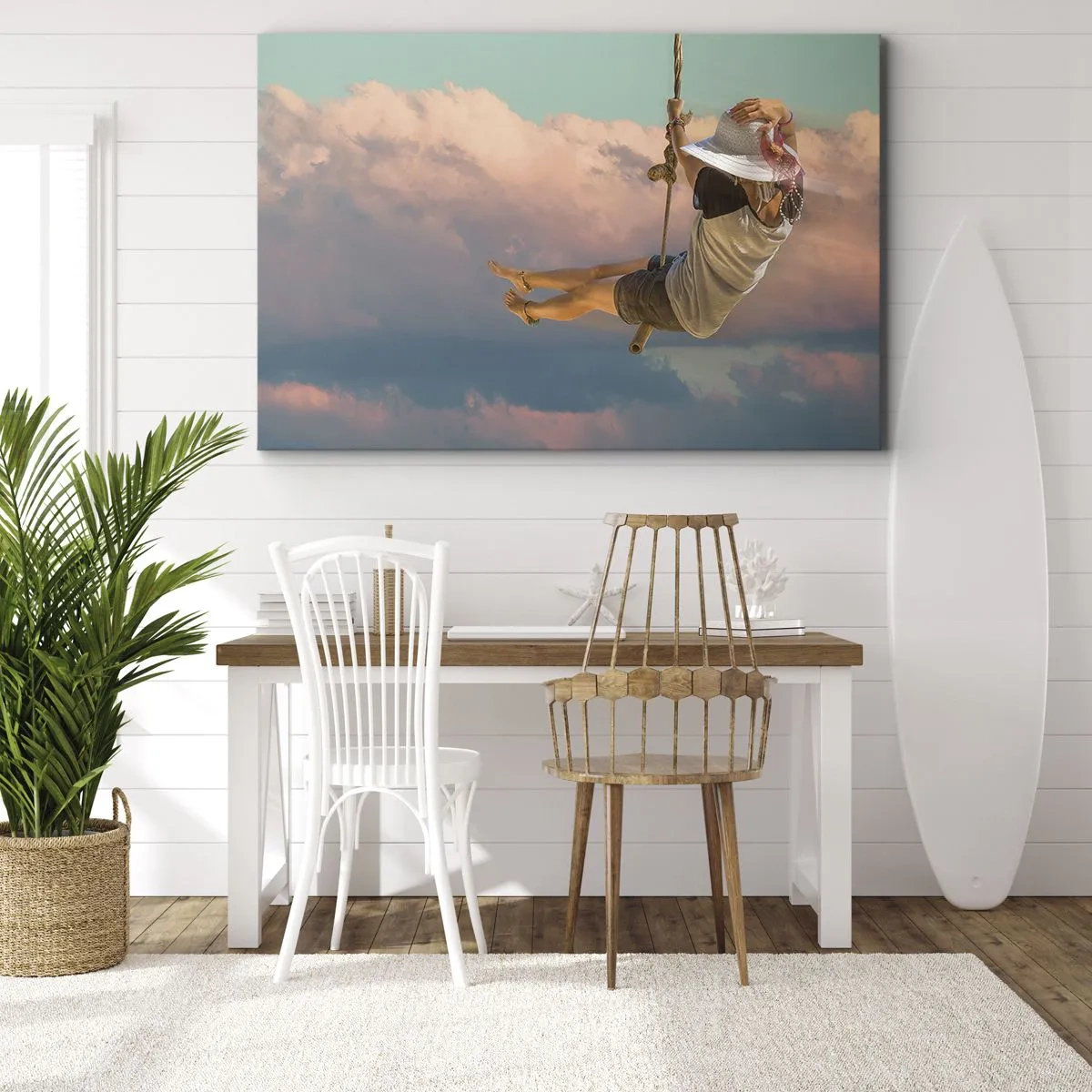 Bild auf Leinwand - Leinwandbild - Frau auf einer Schaukel zwischen rosa Wolken - 70x50cm - Spaß in den Wolken - Moderne Wanddekoration für Wohnzimmer und Schlafzimmer ARTTOR