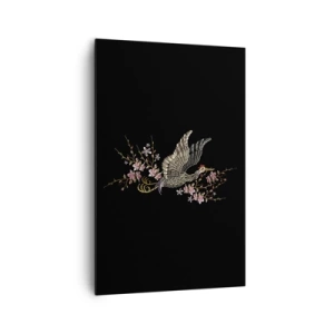 Bild auf Leinwand - Leinwandbild - Ein Vogel im Flug mit Blumen auf schwarzem Hintergrund - 80x120cm - Exotischer gestickter Vogel - Moderne Wanddekoration für Wohnzimmer und Schlafzimmer ARTTOR