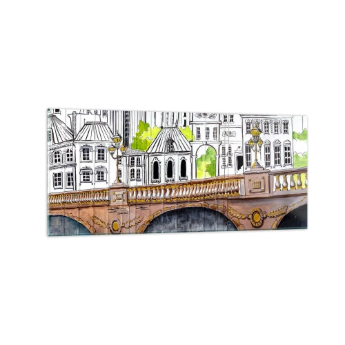 Glasbild - Bild auf glas - Zeichnung der Brücke und historische Stadtarchitektur - 120x50cm - Die Stadt ist gemalt - Moderne Wanddekoration für Wohnzimmer und Schlafzimmer ARTTOR