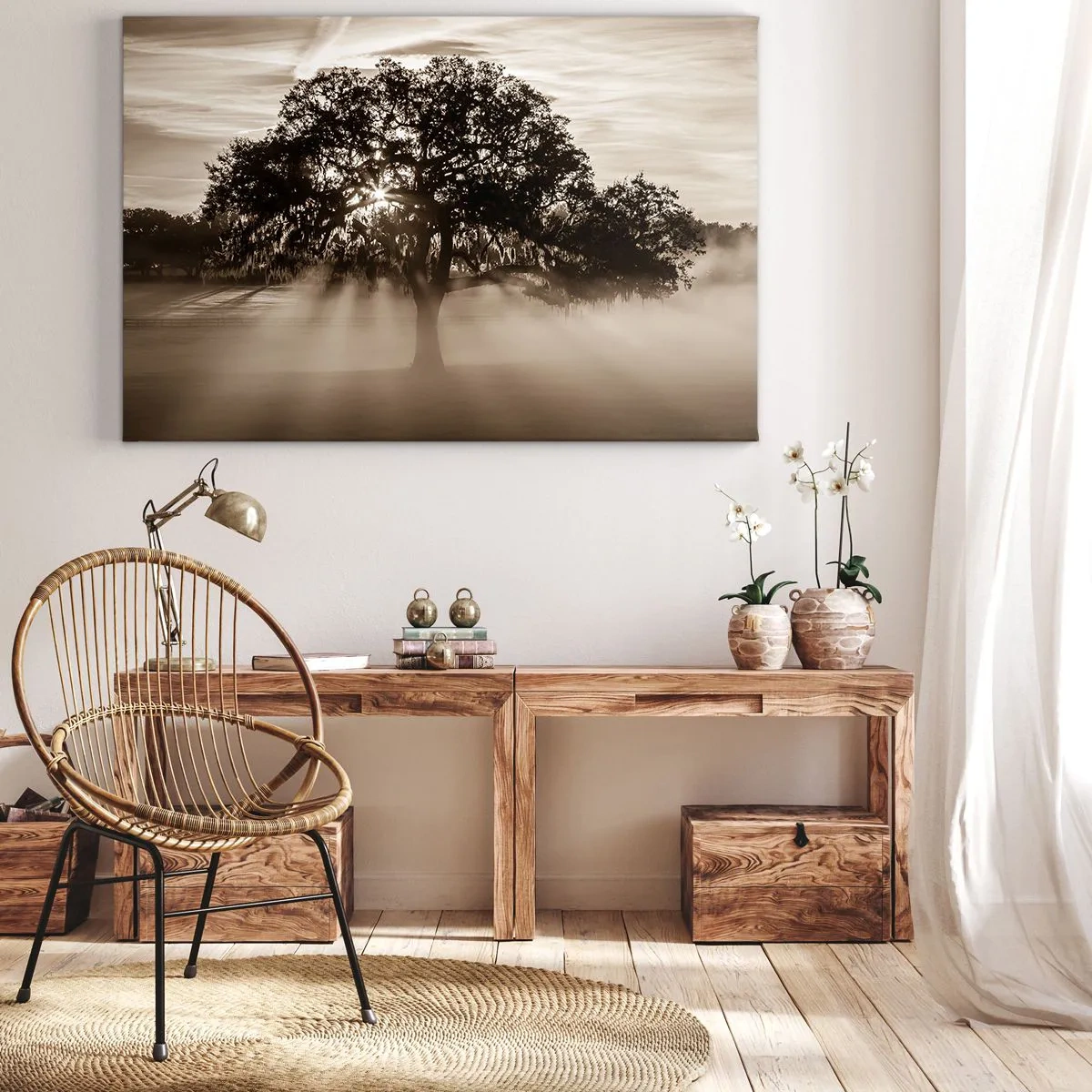 Bild auf Leinwand - Leinwandbild - Sonnenstrahlen scheinen durch einen einsamen Baum - 70x50cm - Baum der guten Nachrichten  - Moderne Wanddekoration für Wohnzimmer und Schlafzimmer ARTTOR