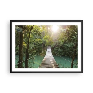 Poster in einem schwarzem Rahmen - Eine Hängebrücke in einem tropischen Wald, beleuchtet vom Sonnenlicht. - 70x50cm - Über das azurblaue Wasser zum azurblauen Wald - Moderne Wanddekoration für Wohnzimmer und Schlafzimmer ARTTOR