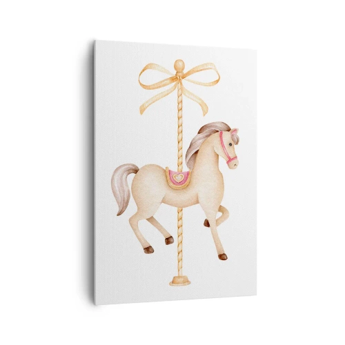 Bild auf Leinwand - Leinwandbild - Ein Karussellpferd mit Schleife in zarten Pastelltönen - 70x100cm - Anmutiger Trab - Moderne Wanddekoration für Wohnzimmer und Schlafzimmer ARTTOR