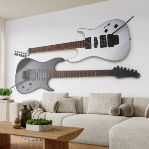Fototapete Standard Eco - Schwarz-weiße E-Gitarre auf weißem Hintergrund - 100x70cm - Harmonie der Formen - Moderne Wanddekoration für Wohnzimmer und Schlafzimmer ARTTOR