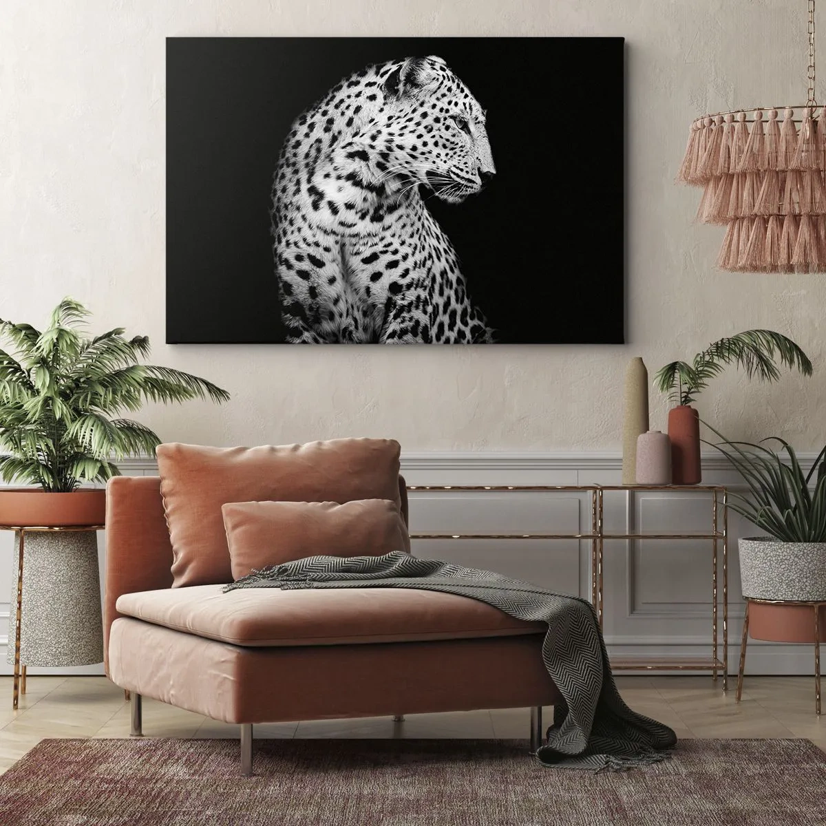Bild auf Leinwand - Leinwandbild - Schwarz-Weiß-Bild eines Leoparden auf schwarzem Hintergrund - 120x80cm - Rechtes Profil perfekt! - Moderne Wanddekoration für Wohnzimmer und Schlafzimmer ARTTOR