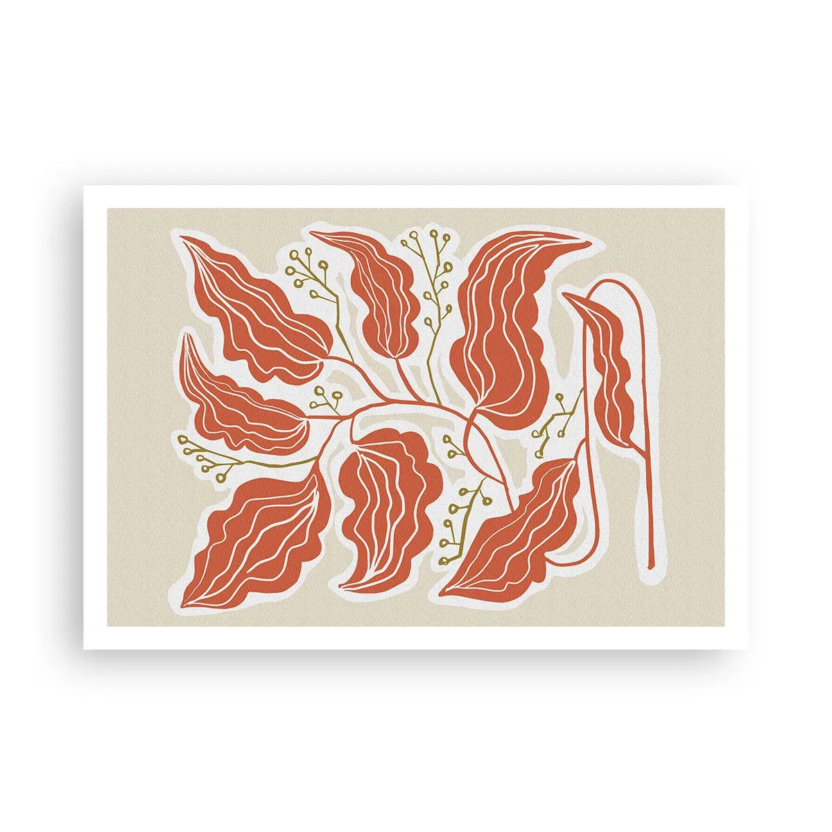 Poster - Ein minimalistisches Blattmotiv in Orange- und Grüntönen. - 100x70cm - Im Folkstil und korallenartig - Moderne Wanddekoration für Wohnzimmer und Schlafzimmer ARTTOR
