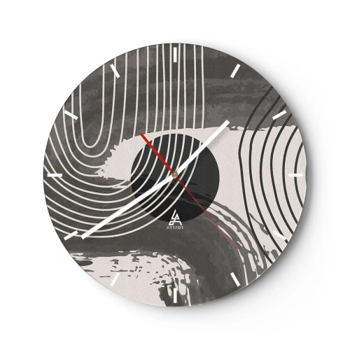 Wanduhr - Glasuhr - Schwarze und weiße Linien in einem wellenförmigen Rhythmus, die einen schwarzen Kreis umgeben - 30x30cm - Oval gewinnt - Moderne Wanddekoration für Wohnzimmer, Küche und Schlafzimmer ARTTOR