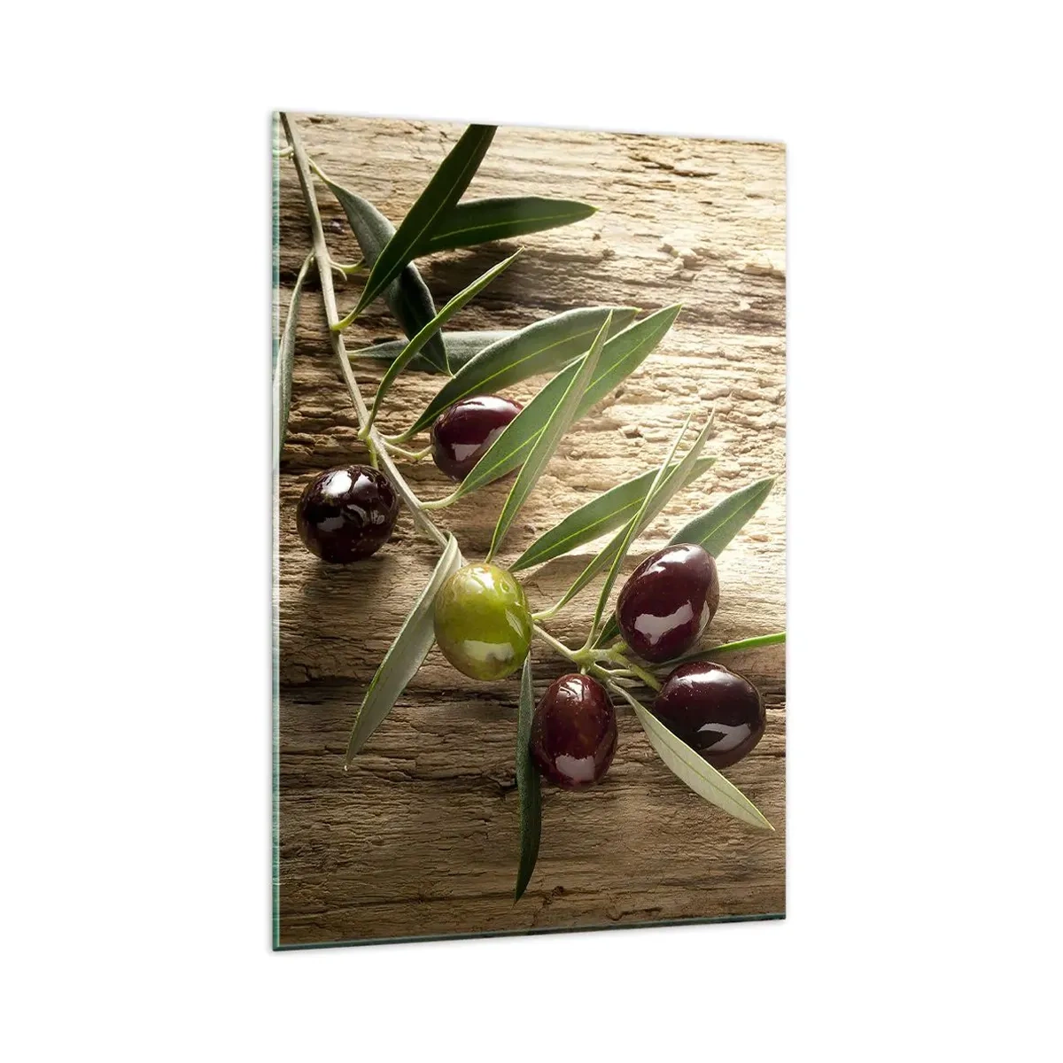 Glasbild - Bild auf glas - Olivenzweig mit Früchten auf einem Hintergrund aus gealtertem Holz - 80x120cm - Direkt aus der Natur - Moderne Wanddekoration für Wohnzimmer und Schlafzimmer ARTTOR