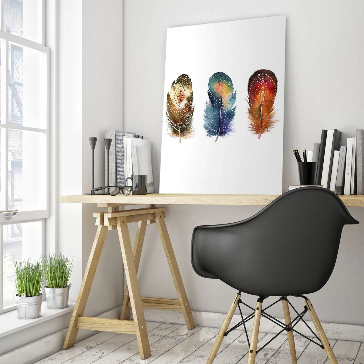 Glasbild - Bild auf glas - Drei bunte Federn mit ethnischen Mustern - 50x70cm - Rituale, Zeremonien, Geheimnisse - Moderne Wanddekoration für Wohnzimmer und Schlafzimmer ARTTOR