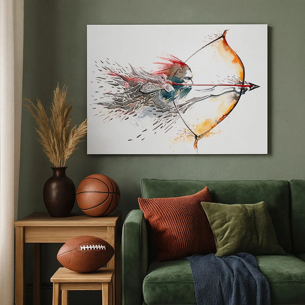 Bild auf Leinwand - Leinwandbild - Dynamisches Aquarell eines Kriegers mit Pfeil und Bogen - 70x50cm - Mythischer Krieger mit feurigem Bogen - Moderne Wanddekoration für Wohnzimmer und Schlafzimmer ARTTOR