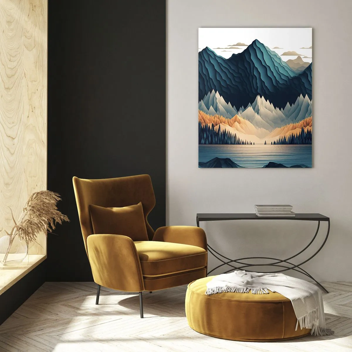 Glasbild - Bild auf glas - Malerische Berge über dem See bei Sonnenuntergang - 80x120cm - Perfekte Berglandschaft - Moderne Wanddekoration für Wohnzimmer und Schlafzimmer ARTTOR